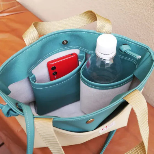 Made in Japan Tote Bag (Teal & Beige / Large Pocket)